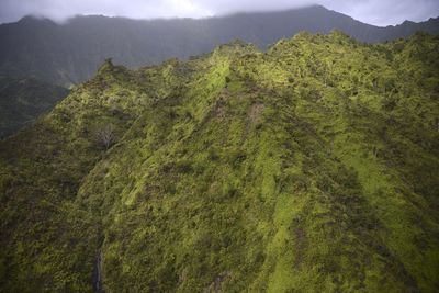 Scenic view of green mountains against sky