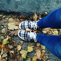 Low section of woman in shoes standing on dry leaves