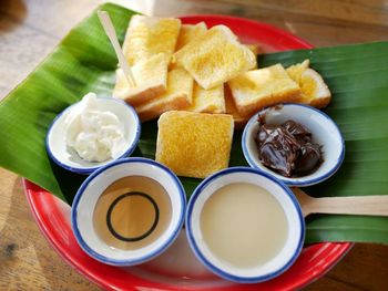 High angle view of breakfast on table