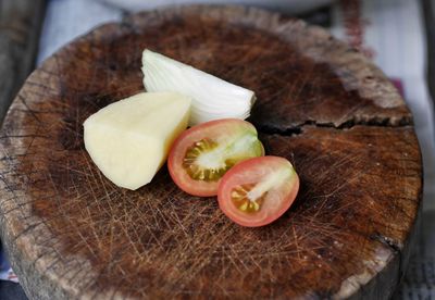 High angle view of fruits on cutting board