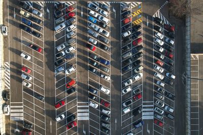 Open air parking for residents of the area, top aerial view from high