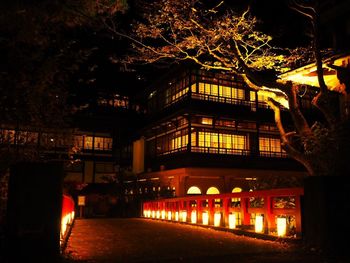 Illuminated building by street at night