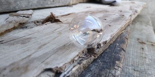 High angle view of light bulb on wood 