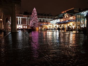 Illuminated christmas tree at night