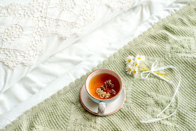 High angle view of white served on table