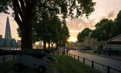 Street amidst trees and buildings against sky during sunset