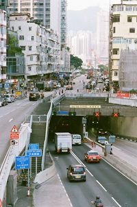 High angle view of buildings road and tunnel film photography using fuji xtra400