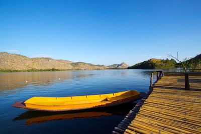 Scenic view of lake against clear blue sky
