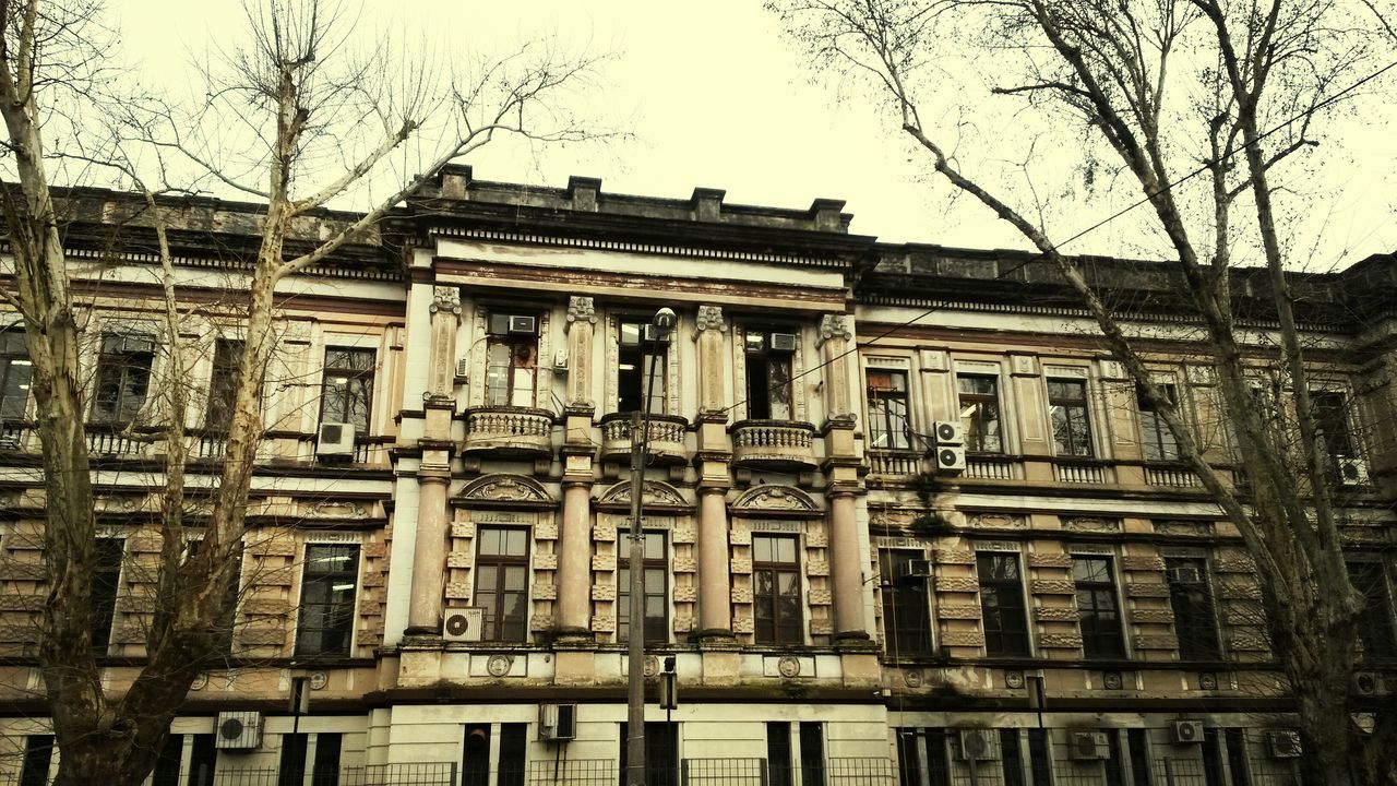 architecture, building exterior, built structure, low angle view, window, bare tree, clear sky, residential building, building, residential structure, tree, facade, old, house, day, outdoors, sky, city, no people, exterior