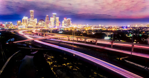 High angle view of illuminated city at night