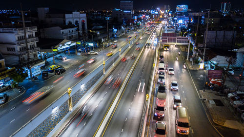 High angle view of light trails on city street