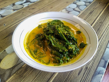 High angle view of soup in bowl on table