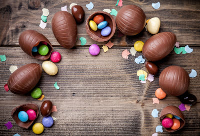 High angle view of multi colored candies on table