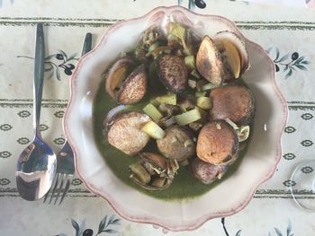 High angle view of food in plate on table