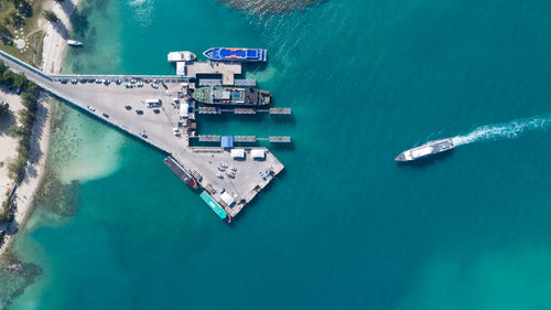 High angle view of boats sailing in sea