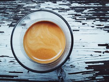 Directly above shot of coffee in cup at table