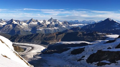 Scenic view of snow covered mountains against sky