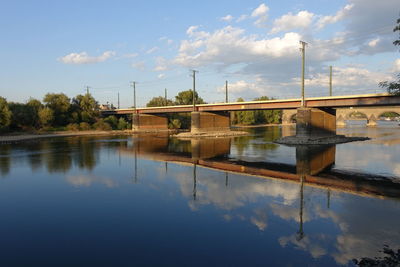 Built structure by lake against sky