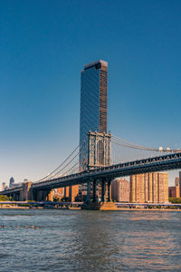 View of suspension bridge against clear blue sky