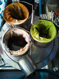 High angle view of fruits in container on table