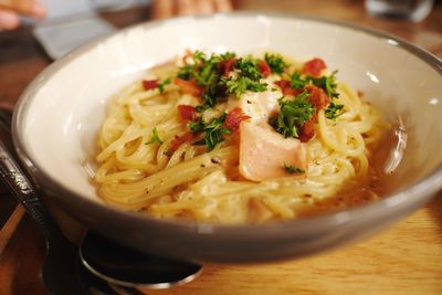 Close-up of pasta in bowl on table