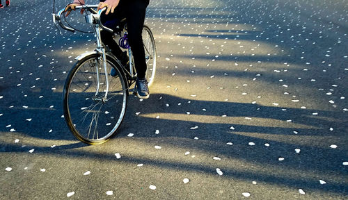 Low section of man riding bicycle amidst papers on road