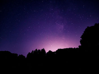 Low angle view of silhouette trees against sky at night