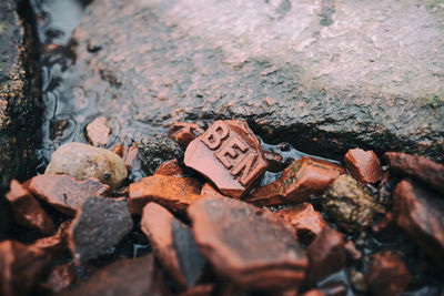 High angle view of rusty metal on rock