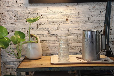 Close-up of potted plant on table against wall