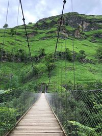 Wooden footbridge amidst trees on landscape