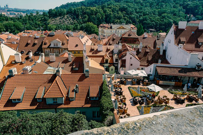 High angle view of houses against sky