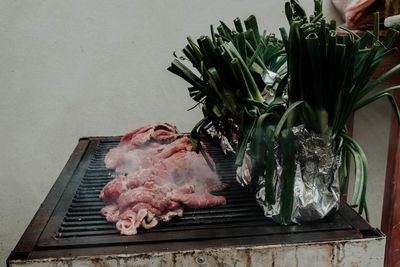 High angle view of vegetables on table