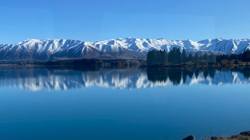 Scenic view of lake and snowcapped mountains against sky