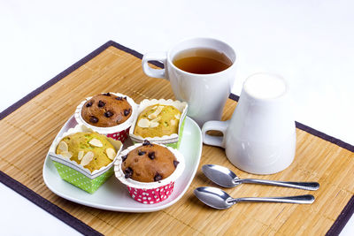 High angle view of breakfast served on table