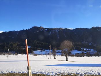 Scenic view of snow covered field against clear blue sky