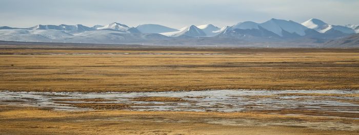 Scenic view of snow covered mountains against sky