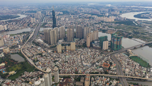 High angle view of city buildings