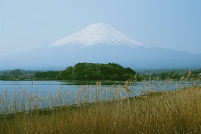 Scenic view of lake and mountains against sky