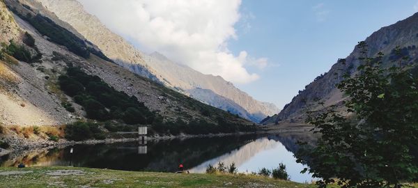 Scenic view of lake and mountains against sky