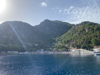 Scenic view of lake and mountains against sky
