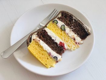 High angle view of cake in plate on table