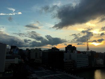 Cloudy sky above city at sunset