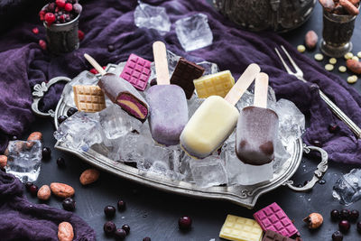 High angle view of ice cream on table