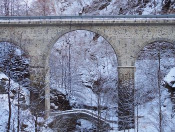 Snow covered bridge over bare trees during winter