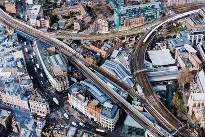 High angle view of street amidst buildings in city