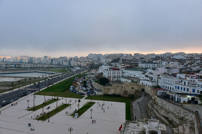 High angle view of cityscape against sky