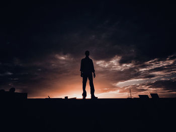 Silhouette of man standing by cactus against sky at night