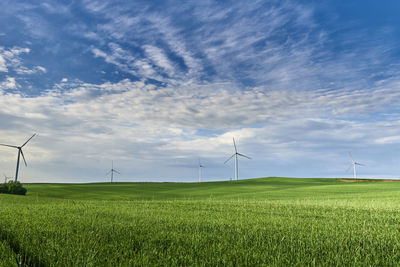 Wind turbine in the field. wind power energy concept. renewable energy for climate protection