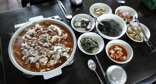 High angle view of food in plate on table