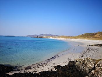Scenic view of sea against clear blue sky